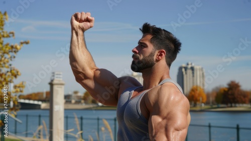 Powerful guy flaunting his pumped, sinewy bicep