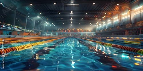 A computergenerated scene depicting a vibrant high school swimming meet at night. Concept Computer-generated scene, High school swimming meet, Vibrant colors, Night setting, Fast-paced action