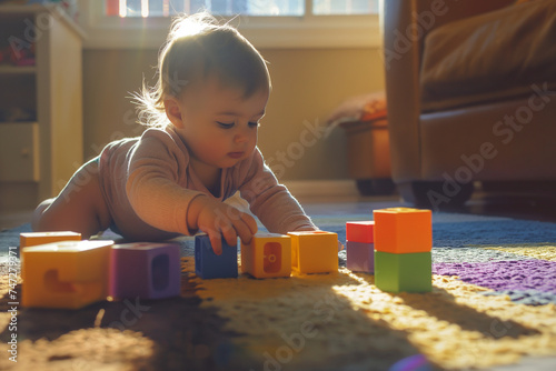 Toddler playing with colorful building blocks, focused and engaged, natural light illuminating the play area, symbolizing early child development stages 