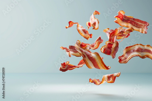 Flying Bacon Slices on blue background.