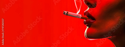 Close-up of Woman Smoking Cigarette on Red Background
