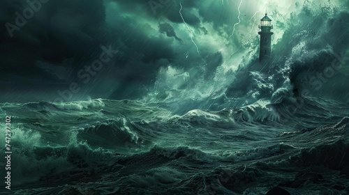 Monstrous storm waves crashing against the shore a lighthouse standing defiant the raw power of sea and climate