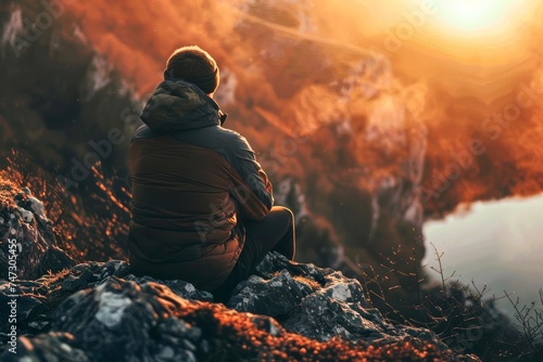 A hiker takes a moment to relax and appreciate the fiery sunset while sitting on a rock, wearing outdoor clothing and feeling the heat of the mountain beneath them