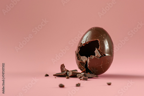 Broken dark chocolate egg with cracked eggshell on pink background. Minimal Easter holiday concept. Copy space. 
