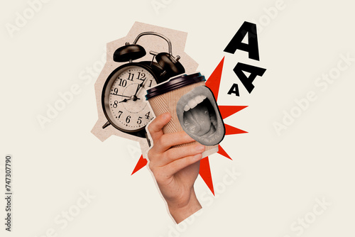 Creative photo collage human hand hold coffee cup caricature screaming mouth alarm clock oversleep miss deadline time management