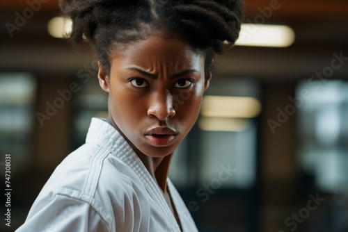 a Female karate student as she displays a fierce expression, fully committed to her practice in the Gym and Fighting Class