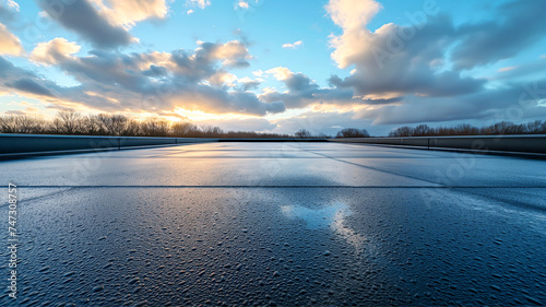 Wet rooftop flat roof reflecting sunset clouds representing tranquility, reflection, weather, and serenity.