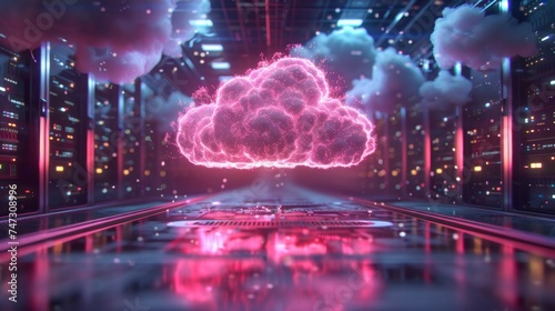 Cloud computing technology pink glow concept floats above server hardware control circuitry data center