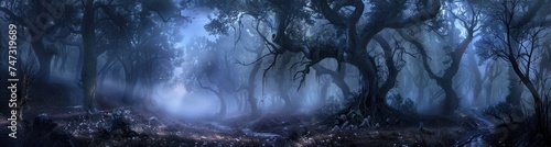 Journey Through the Mystical Forest. In the Heart of Nature's Embrace, Where Fog Clings to Every Branch and Shadows Dance in the Dim Light