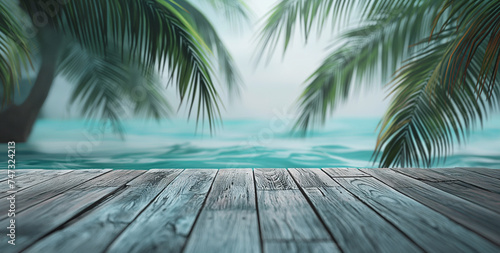Wooden floored beach table under the caribbean sky with palm trees and ocean waves, a tropical paradise for relaxing summer vacations. Copy space ready for your product or text.