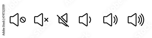 Sound volume icons set with different signal levels on white background. Аn icon that increases and reduces the sound. Sound icon, volume symbol, speaker sign, audio control icon set. Vector