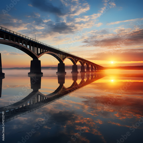 Reflection of a bridge in calm waters at sunrise. 