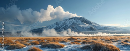 Volcanic landscape rugged terrain with steam vents untouched nature