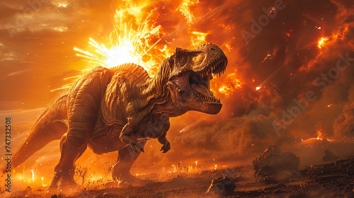 Mass extinction event meteor strike with intense fireball dinosaurs fleeing
