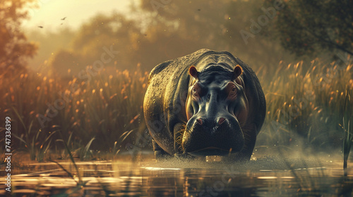 A hippopotamus in Africa drinks water from a river