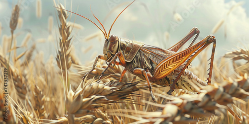a huge locust sits on a spike of wheat