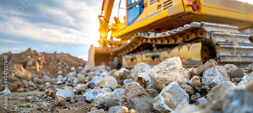 A bulldozer clears stones from a construction site, preparing the area for the construction of a new house or road.