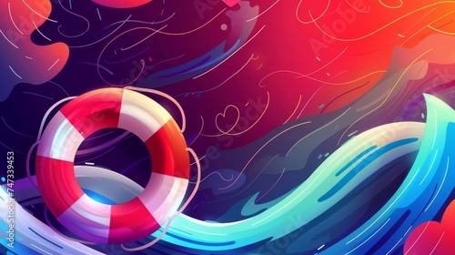 Crisis management concept with lifebuoy and stormy waves abstract illustration background