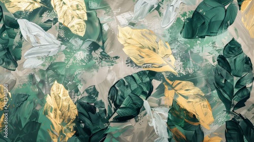 Background with abstract artistic style. Retro, nostalgic, golden brushstrokes. Textured background. Oil on canvas. Modern Art. Floral leaves, green, gray, wallpaper, poster, card, mural, carpet,