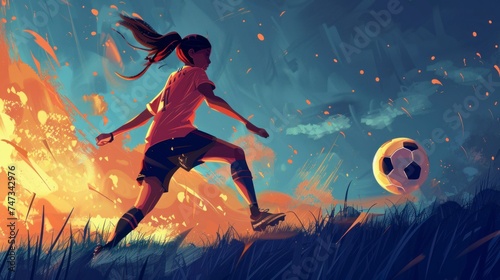 illustration of a woman playing soccer with a banner style ball in high resolution and high quality. sports concept