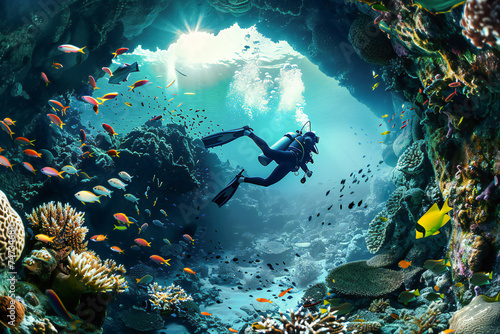 scuba diver swims underwater in pristine view with incredible water world