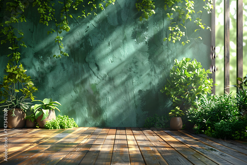 Empty wooden terrace with green wall 3d render,There are wood plank floor with tropical style tree garden background sunlight shine on the tree 3