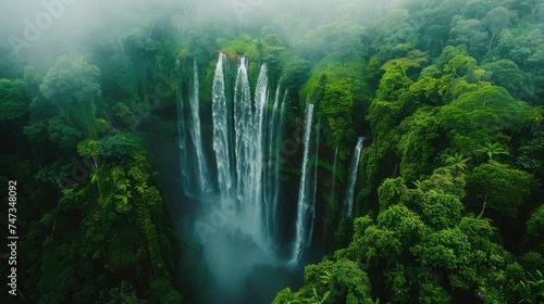 This is a stunning aerial view of a waterfall in the middle of a lush green forest.