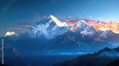 The image is of a snow-capped mountain range at sunset. The sky and clouds are a brilliant orange that fades into darkness at the edges of the image.
