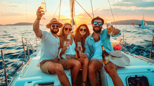 sailing with friends. vacation, travel, sea, friendship. Young people having fund and drinking wine on a yacht at sunset. Summer party