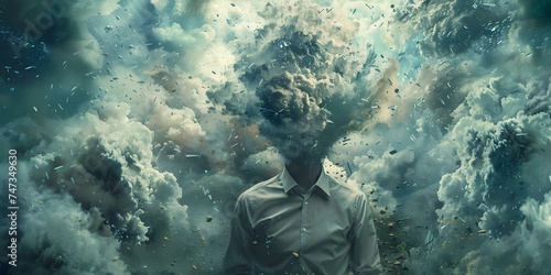 Conceptual image with mans head surrounded by chaos and confusion. Concept Conceptual Imagery, Chaos, Confusion, Head surrounded by Chaos