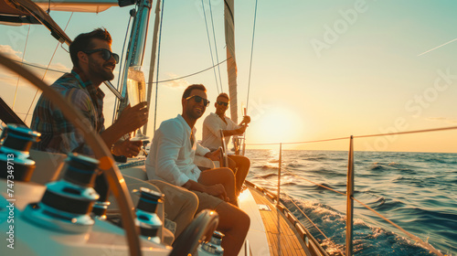 sailing with friends. vacation, travel, sea, friendship. Young people having fund and drinking wine on a yacht at sunset. Summer party