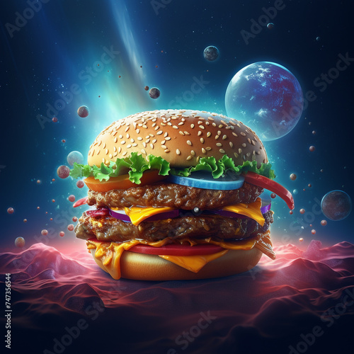 Create a surreal scene with a hamburger floating in a cosmic galaxy background, rendered in a 3D animator style