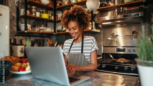 Happy beautiful young woman enjoying cooking looking for a recipe on the laptop in the kitchen, Laptop on kitchen table and cooking girl. Food blogger concept, generative ai