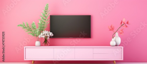 A pink living room featuring a flat screen TV mounted on a TV cabinet against a vibrant pink wall. The room is well-lit, with modern and stylish decor.