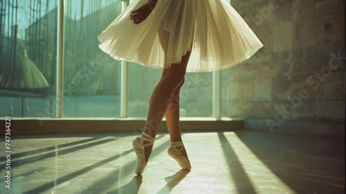 Beautiful ballet dancer perform dance at theater. Classical choreography concept. Graceful elegant ballerina in white dress. Pretty female artist. Young talented girl performer. Ballroom class.