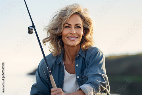 Fishing hobby concept Generative AI man woman catching fish on lake tranquility water day