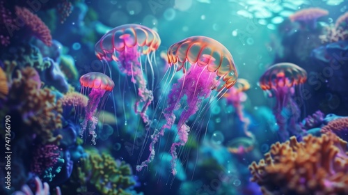 Underwater fantasy scene with glowing jellyfish and coral reefs.