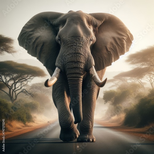 African bull elephant walks down African road 