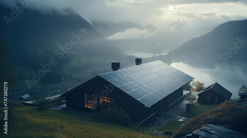 Modern country house with solar panels on the roof, in a dark rural landscape with mountains and lake. Modern technology in the wilderness. Energy efficient living in remote area.