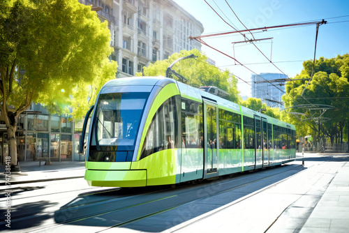 Green tram, surrounded by the lush foliage of city trees. Concept of eco-friendly public transport, environmentally conscious travel option, modern technology tramway transportation in the urban