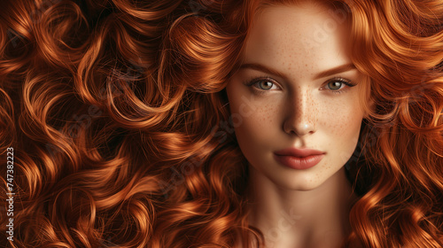 Redhead girl with long and shiny wavy red hair . Beautiful model with curly hairstyle