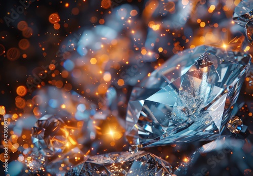 diamonds and sparks, in the style of light blue and orange, blurred imagery, shiny glossy
