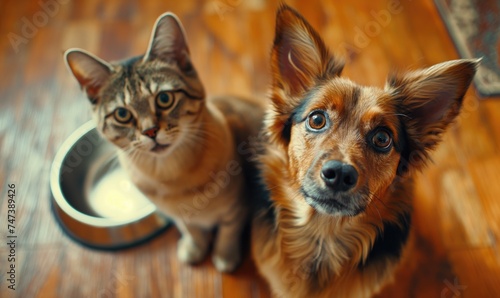 Close up photo of dog and cat waiting for the food looking up at their owner with hope