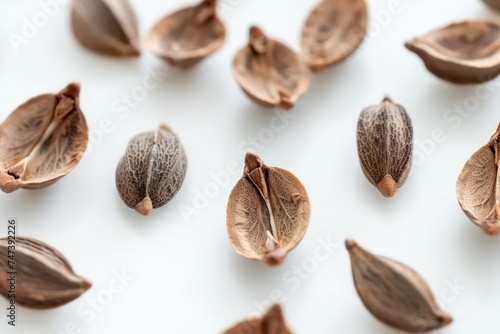 snipped seeds of nutmeg grain over wooden surface