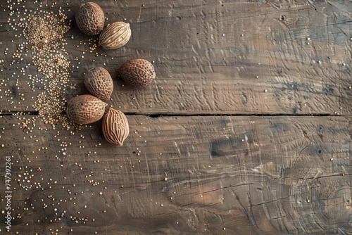 snipped seeds of nutmeg grain over wooden surface