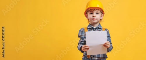 a little boy imagines to be a architect wearing hardhat and holding blue print. on orange background. future, copy space, half body, mockup.