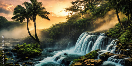 Fantasy landscape with waterfalls, panorama.