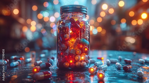colorful pills all over a bottle of jar, in the style of darktable processing, colourful. Generative AI