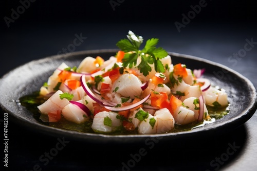 Delicious ceviche on a rustic plate against a minimalist or empty room background