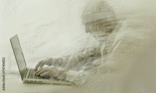 a man typing on a laptop with a cursor visible on screen, in the style of motion blur panorama